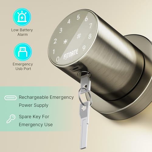 FITNATE Keypad Door Knob, Touch-Screen Digital Door Lock for Keyless Entry, Electronic Door Lock with Spare Keys, Easy to Operate and Install,15 User Passcode for Bedroom, Home and Office,Golden