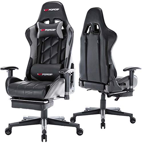 GTFORCE PRO GT Reclining Sports Racing Gaming Office Desk PC CAR Faux Leather Chair (Grey with Footstool)