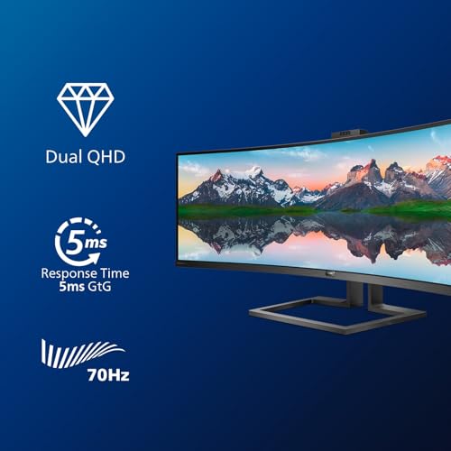 Philips 499P9H- 49 Inch Curved Dual QHD Monitor, 70Hz, 5ms, VA, WebCam, Speakers, USB-C Dock, KVM, Height Adjust (5120 x 1440, 450 cd/m², HDMI/DP 1.4/USB 3.1 / USB-C)