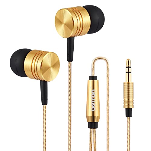 Betron B650 in Ear Headphones Earphones Wired with Noise Isolating Earbuds Tangle-Free Cord Carry Case Soft Ear Buds 3.5mm Plug, Gold