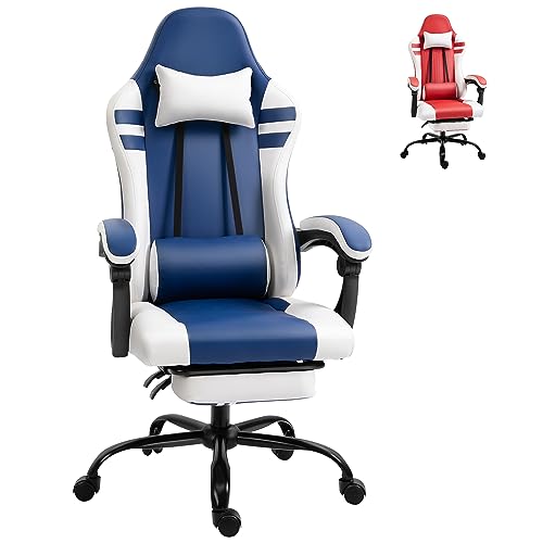 Vinsetto PU Leather Gaming Chair with Headrest, Footrest, Wheels, Adjustable Height, Racing Gamer Chair, Blue White