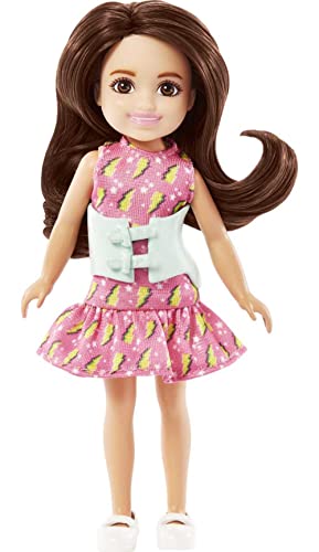 Barbie Chelsea Doll, Small Doll with Brace for Scoliosis Spine Curvature, Brunette Wearing Pink Lightning Bolt Dress