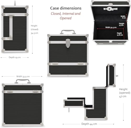 Retro musique Aluminium 12" Vinyl Record Storage Case with Unique Folding Front Flap for Better Access to Your LPs,Holds up to 40 LPs,(in PVC Sleeves) Includes 40 Vinyl Record Outer Sleeves(Black)