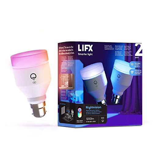 LIFX Nightvision 2-Pack A60 1200 Lumens [B22 Bayonet Cap], Full Colour with Infrared, Wi-Fi Smart LED Light Bulb, No bridge required, Compatible with Alexa, Hey Google, HomeKit and Siri