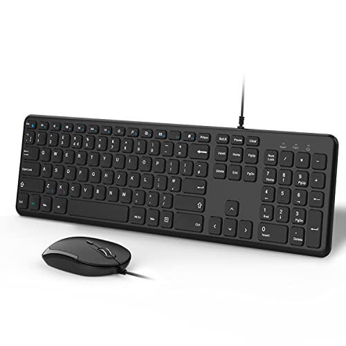 Wired Keyboard and Mouse Set, Full Size QWERTY UK Wired Keyboard, Scissor-Switch Keys, Wired Mice with 800/1200/1600 Adjustable DPI, Compatible with Windows Computer Laptop PC Desktop, Black