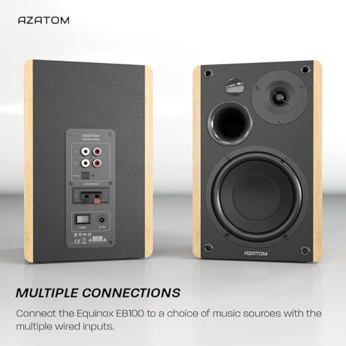 AZATOM EB100 Powered Bookshelf Hifi Speakers, 2.0 Active, Bluetooth, Wired, Wooden Enclosure, Perfect for Music, Vinyl records, Home Theatre, Gaming, Laptops, PC, 50 Watts (Oak)