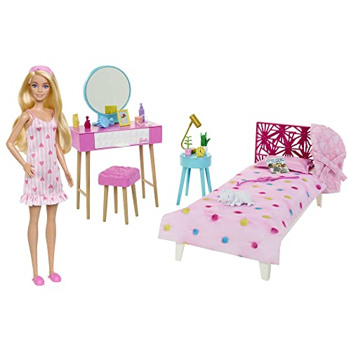 Barbie - Doll and Bedroom Playset, Barbie Furniture and 20+ Storytelling Accessories Including Robe and Kitten, HPT55