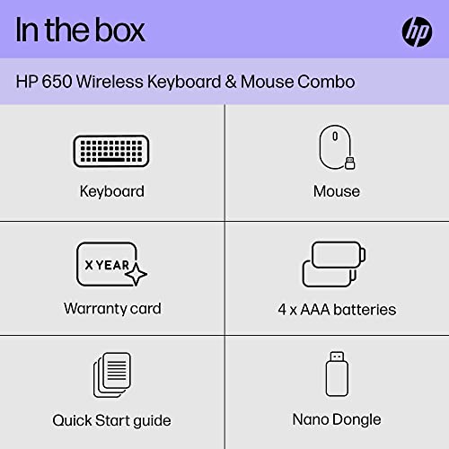 HP 650 Wireless Keyboard & Mouse Set. 20+ customisable keys and mouse sensitivity, 20+ months battery, multi-surface use, made with 60% recycled materials. 4 batteries and nano dongle included