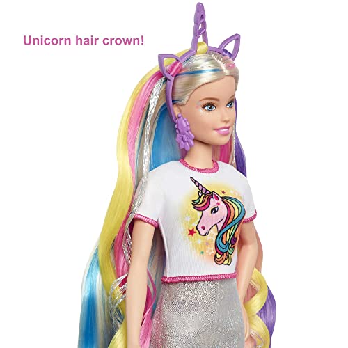 Barbie Fantasy Hair Doll, Barbie Doll with Colourful Blonde Hair, Unicorn Hair Crown and Mermaid Hair Crown, Doll Accessories, Toys for Ages 5 and Up, One Doll, GHN04