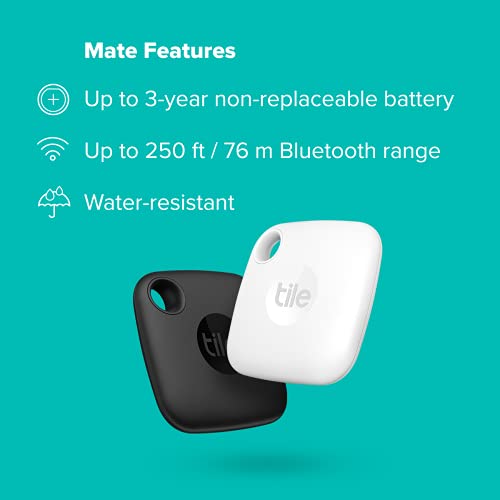 Tile Mate (2022) Bluetooth Item Finder, 2 Pack, 60m finding range, works with Alexa & Google Home, iOS & Android Compatible, Find Keys, Remotes & More, Black/White