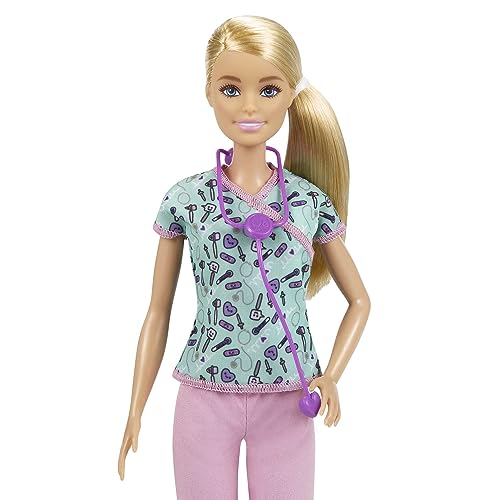 Barbie Nurse Blonde Doll with Scrubs Featuring a Medical Tool Print Top & Pink Pants, White Shoes & Stethoscope, Gift for Ages 3 Years Old & Up - GTW39