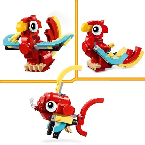 LEGO Creator 3in1 Red Dragon Toy to Fish Figure to Phoenix Bird Model, Animal Figures Set, Gifts for 6 Plus Year Old Boys, Girls and Kids 31145