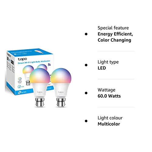 Tapo Smart Bulb, Smart Wi-Fi LED Light, B22, 60W, Energy saving, Works with Amazon Alexa and Google Home, Colour-Changeable, No Hub Required Tapo L530B(2-pack)[Energy Class F], Multicolor