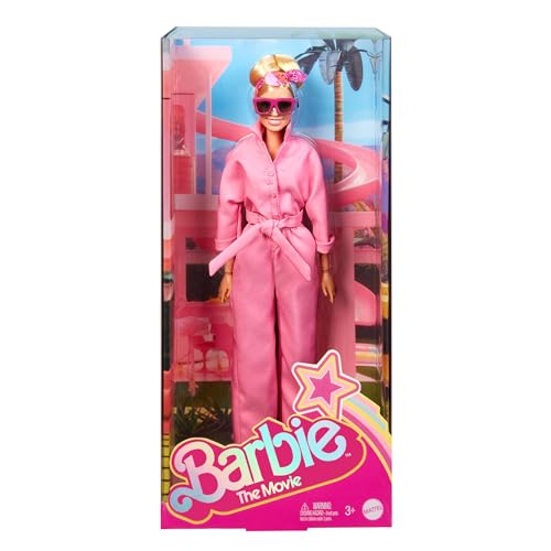 Barbie THE MOVIE, Margot Robbie as Barbie Doll from the movie, wearing pink jumpsuit, sunglasses and hairscarf, HRF29