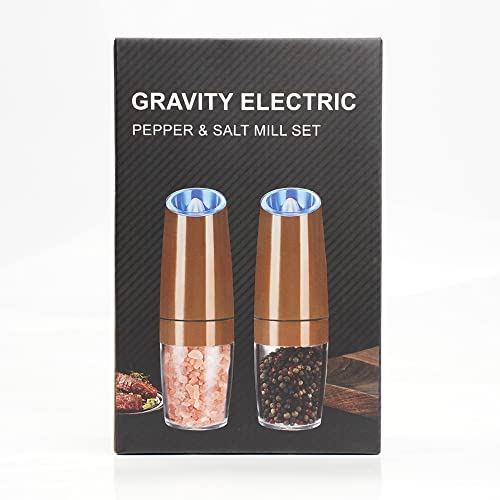 sdlogal Salt and Pepper Mill Electric (Copper, 2 Pieces), Gravity Automatic Operation Spice Mills with LED Light, Adjustable Coarse Mechanism, Battery Operated, Salt Mill for Home, Kitchen