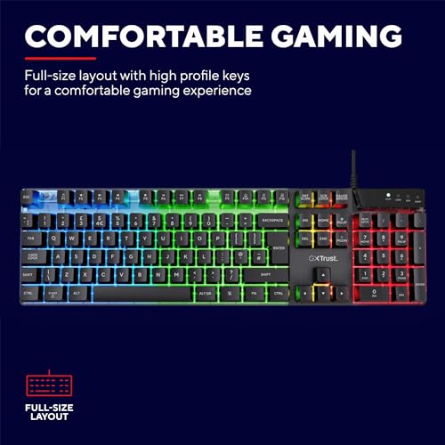 Trust Gaming GXT 835 Azor Gaming Keyboard with QWERTY UK Layout, LED Lighting, Game Mode, 12 Multimedia Keys, Anti-ghosting, Membrane Wired USB Keyboard for PC, Computer, Laptop - Black