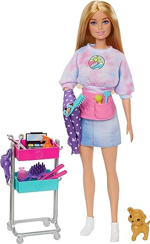 Barbie “Malibu” Stylist Doll & 14 Accessories Playset, Hair & Makeup Theme with Puppy & Styling Cart, HNK95