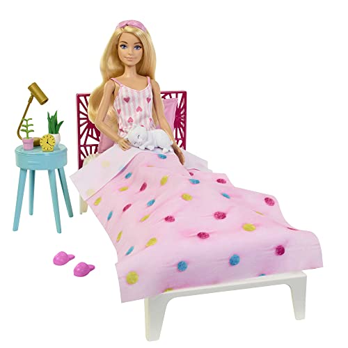 Barbie - Doll and Bedroom Playset, Barbie Furniture and 20+ Storytelling Accessories Including Robe and Kitten, HPT55