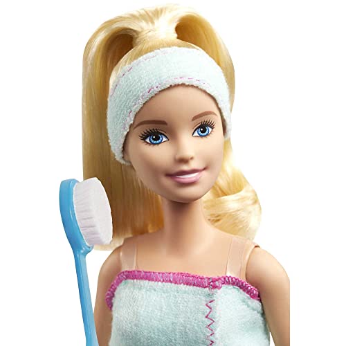 Barbie Spa Doll, Blonde, with Puppy and 9 Accessories, Including Neck Pillow, Rubber Duck and Cucumber Eye Masks, Gift for Kids 3 to 7 Years Old