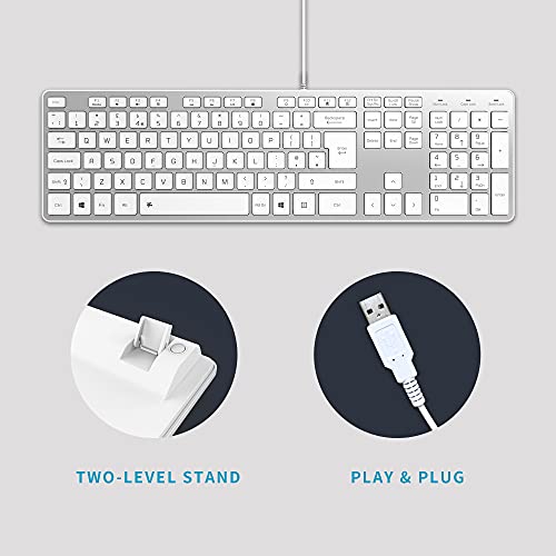 B.FRIENDIT Slim USB Wired Keyboard, Soft Touch and Quiet Key for PC, Laptop and Computer, Full Size QWERTY UK Layout - Silver White