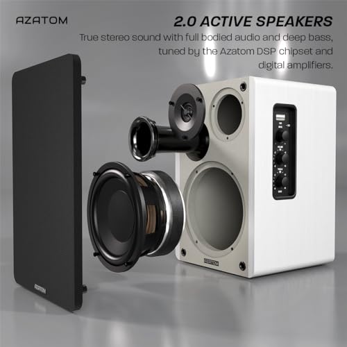 AZATOM EB100 Powered Bookshelf Hifi Speakers, 2.0 Active, Bluetooth, Wired, Wooden Enclosure, Perfect for Music, Vinyl records, Home Theatre, Gaming, Laptops, PC, 50 Watts (White)