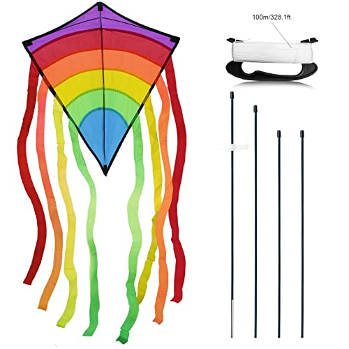 ECHOCUBE Huge Rainbow Diamond Kite for Kids & Adults, Easy to Fly Kite with 8 Long Tails and 100M Kite String, Great Outdoor Toy for Beach, Park and Family Time (73 * 65cm)