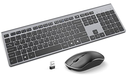 Rechargeable Wireless Keyboard and Mouse Set, J JOYACCESS Wireless Keyboard Mouse with 500mAh Batteries, Portable Slim,2.4Ghz, Silent Ergonomic Mouse for PC/Laptop/Smart TV/Mac/Computer-Black+Gray