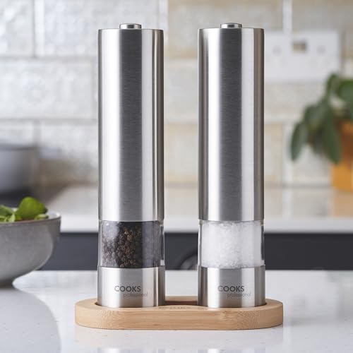 Cooks Professional Electric Automatic Salt & Pepper Mill Set with Adjustable Grinding, Easy to Refill, One Touch Button Condiment Grinder (Stainless Steel + Base)……