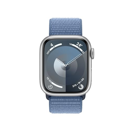 Apple Watch Series 9 [GPS 41mm] Smartwatch with Silver Aluminum Case with Winter Blue Sport Loop One Size. Fitness Tracker, Blood Oxygen & ECG Apps, Always-On Retina Display, Water Resistant