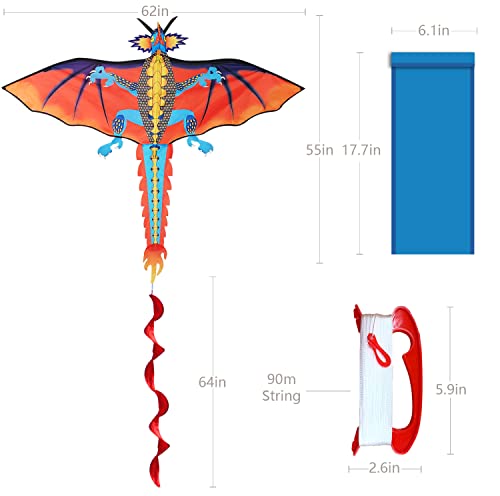 Touch the sky Huge Dragon Kite for Kids and Adults Easy to Fly-55inch x 62inch Single Line with Tail 90M String