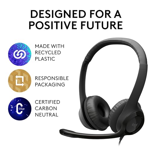 Logitech H390 Wired Headset for PC/Laptop, Stereo Headphones with Noise Cancelling Microphone, USB-A, In-Line Controls, Works with Chromebook - Black