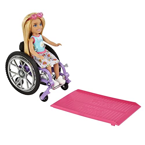 Barbie Chelsea Doll & Wheelchair, with Chelsea Doll (Blonde), in Skirt & Sunglasses, with Ramp & Sticker Sheet, Toy for 3 Year Olds & Up