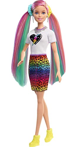 Barbie Leopard Rainbow Hair Doll (Blonde) with Color-change Hair Feature, 16 Hair & Fashion Play Accessories for Kids 3 to 7 Years Old, GRN81