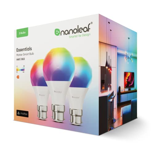 Nanoleaf Matter Essentials B22 LED Bulbs, Pack of 3 RGBW Dimmable Smart Bulbs - Matter over Thread, Bluetooth Colour Changing Light Bulbs, Works with Google Apple, Room Decor & Gaming