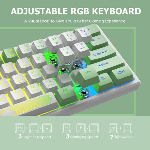 LexonElec K61 Pro - UK Layout Gaming Keyboard 60 percent Mini RGB Illuminated LED Light up - White and Green Mixed key colour caps colorful - USB Mechanical Feel Aesthetic for PC Laptop MAC ps4