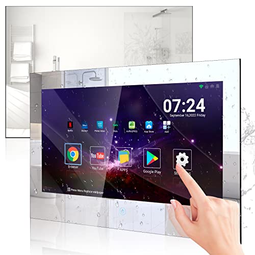 Haocrown 32 Inch Bathroom Mirror TV Waterproof Smart Touchscreen Android 11 Television, Full HD 1080P Smart TV with Freeview Satellite Tuners 2.4/5G Wi-Fi Bluetooth High-Brightness (2023, 8GB+64GB)