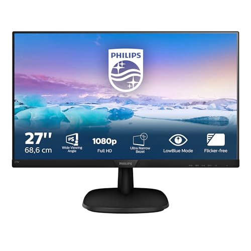 Philips 273V7QJAB - 27 Inch FHD Monitor, 75Hz, 4ms, IPS, Speakers, Smart Image, Narrow Border, LowBlue Mode (1920 x 1080, 250 cd/m², HDMI/VGA/DVI)