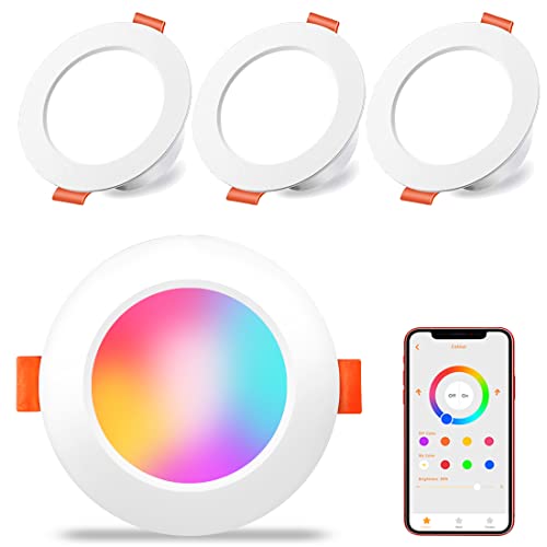 Bhochy LED Downlights Ceiling Lights with APP Control, Smart Recessed Lighting 3 inch 60W Equivalent 800LM, RGB Colour Changing - Daylight White, for Living Room Kitchen Bedroom, 4 Pack