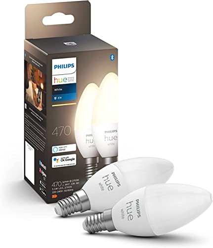 Philips Hue NEW White Smart Light Bulb Candle 2 Pack [E14 Small Edison Screw] Works with Alexa, Google Assistant, Apple Homekit. For Home Indoor Lighting, Livingroom, Bedroom.