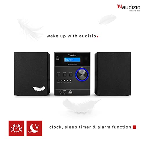 Audizio Metz Micro HiFi Stereo System with Speakers, CD Player, DAB+ Digital Radio Tuner, Bluetooth, USB MP3 Playback, Clock - Black