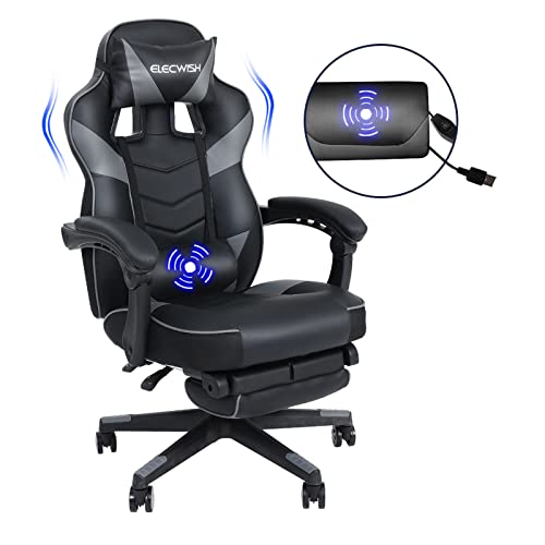 YOURLITEAMZ Racing Gaming Chair with Massage, Office Ergonomic Computer Desk Chair with Padded Footrest Support, Swivel High Back Recliner, High-Adjustable Cushion, PU Leather for Home Office（Grey）
