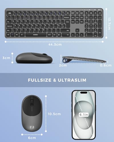 Seenda Wireless Keyboard and Mouse Set, 2.4G USB Ultra Slim Full-size Cordless Keyboard & Mouse Combo QWERTY UK Layout for PC Computer Laptop Desktop - Home/Office, Black and Dark Grey