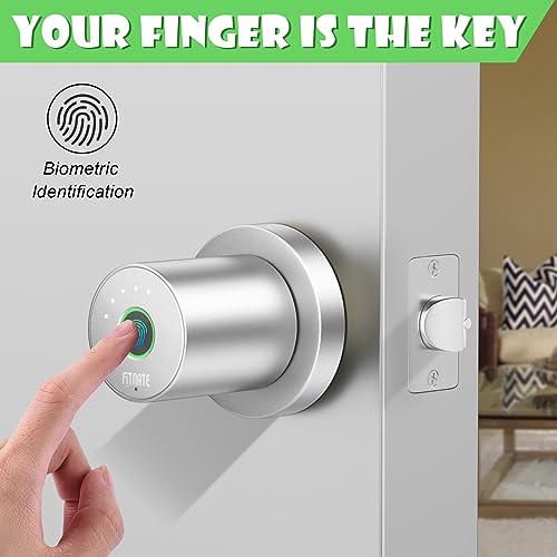 FITNATE Smart Lock Fingerprint Door Knob, Biometric Door Lock Fingerprint Key with App Control, Bluetooth Smart Deadbolt, Touch to Digital Door Lock for Bedroom,Home,Hotel,Office, Silver