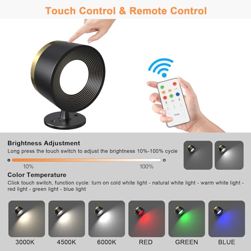 Speclux Battery Wall Lights, Battery Wall Lights Indoor Wall Mounted Lamp with Remote, 3 Color Temperatures & 13 RGB & Dimmable Magnetic 360° Free Rotation Rechargeable Sconces Wall Lighting