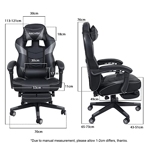 YOURLITEAMZ Racing Gaming Chair with Massage, Office Ergonomic Computer Desk Chair with Padded Footrest Support, Swivel High Back Recliner, High-Adjustable Cushion, PU Leather for Home Office（Grey）