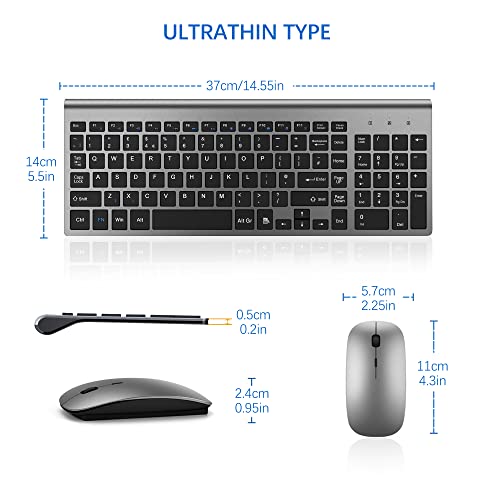 Wireless Keyboard and Mouse Ultra Slim Combo, TopMate 2.4G Silent Compact USB 2400DPI Mouse and Scissor Switch Keyboard Set with Cover, 2 AA and 2 AAA Batteries, for PC/Laptop/Windows/Mac - Gray Black