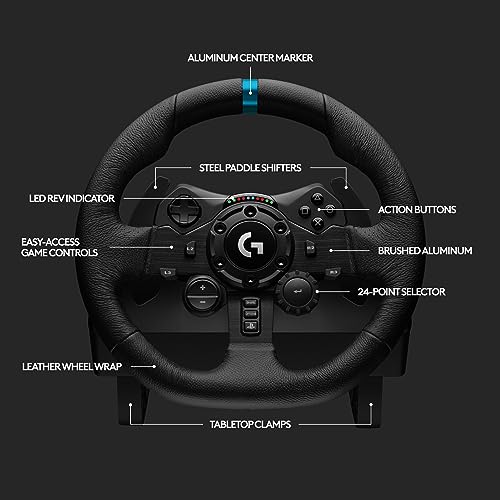 Logitech G923 Racing Wheel and Pedals, TRUEFORCE up to 1000 Hz Force Feedback, Responsive Driving Design, Dual Clutch Launch Control, Genuine Leather Wheel Cover, for PS5, PS4, PC, Mac - Black