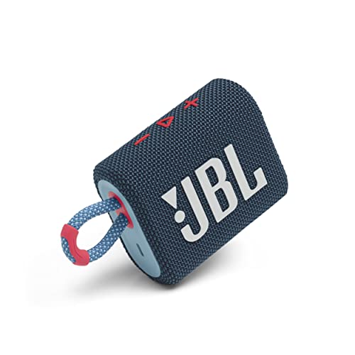 JBL GO 3 - Wireless Bluetooth portable speaker with integrated loop for travel with USB C charging cable, in blue and pink