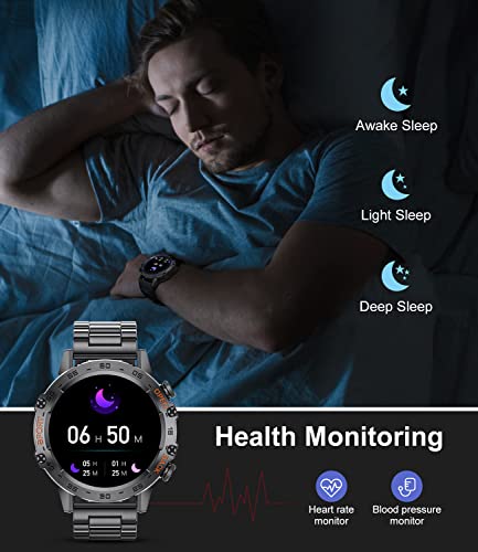 Men Smart Watch Bluetooth Answer/Make Call for Android iOS Phone 400 mAh 1.39" Outdoor Sport Activity Fitness Tracker 2 Watch Straps Black Steel Male Music Smartwatch Health Monitor