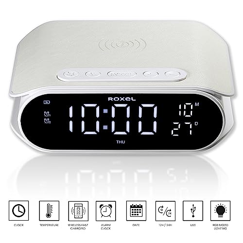 Roxel RAC-10 Bedside Alarm Clock With Super Fast Wireless Charging (5W/10W/15W), For iPhone & Samsung, USB Charger, Mood Lighting Night Lamp function Dimmable LED Display (White)